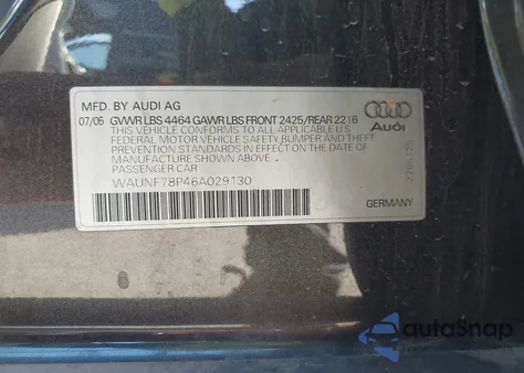 2006 Audi A3 2.0T z USA, uszkodzony, nr VIN WAUNF78P46A029130